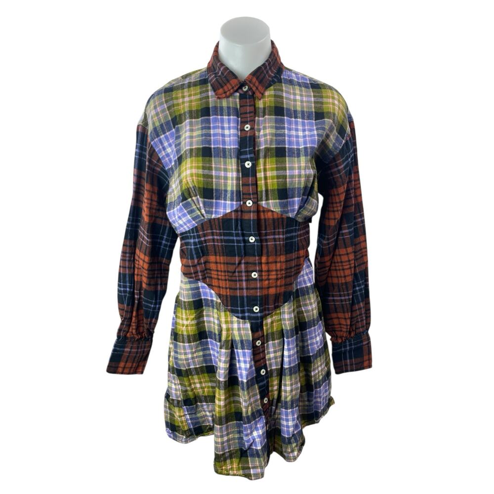 Circus NY Multicolor Plaid Colorblock Cutout Long Sleeve Mini Shirt Dress Size S
